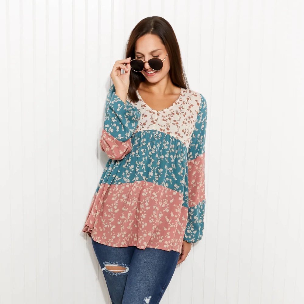 ODDI Full Size Contrast Floral Babydoll Blouse Size L Large Floral Patchwork